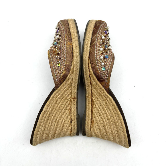 Vintage 90s Y2K Xhilaration Brown Satin Beaded Sequin Espadrille Wedge Heels 6 - Picture 13 of 16